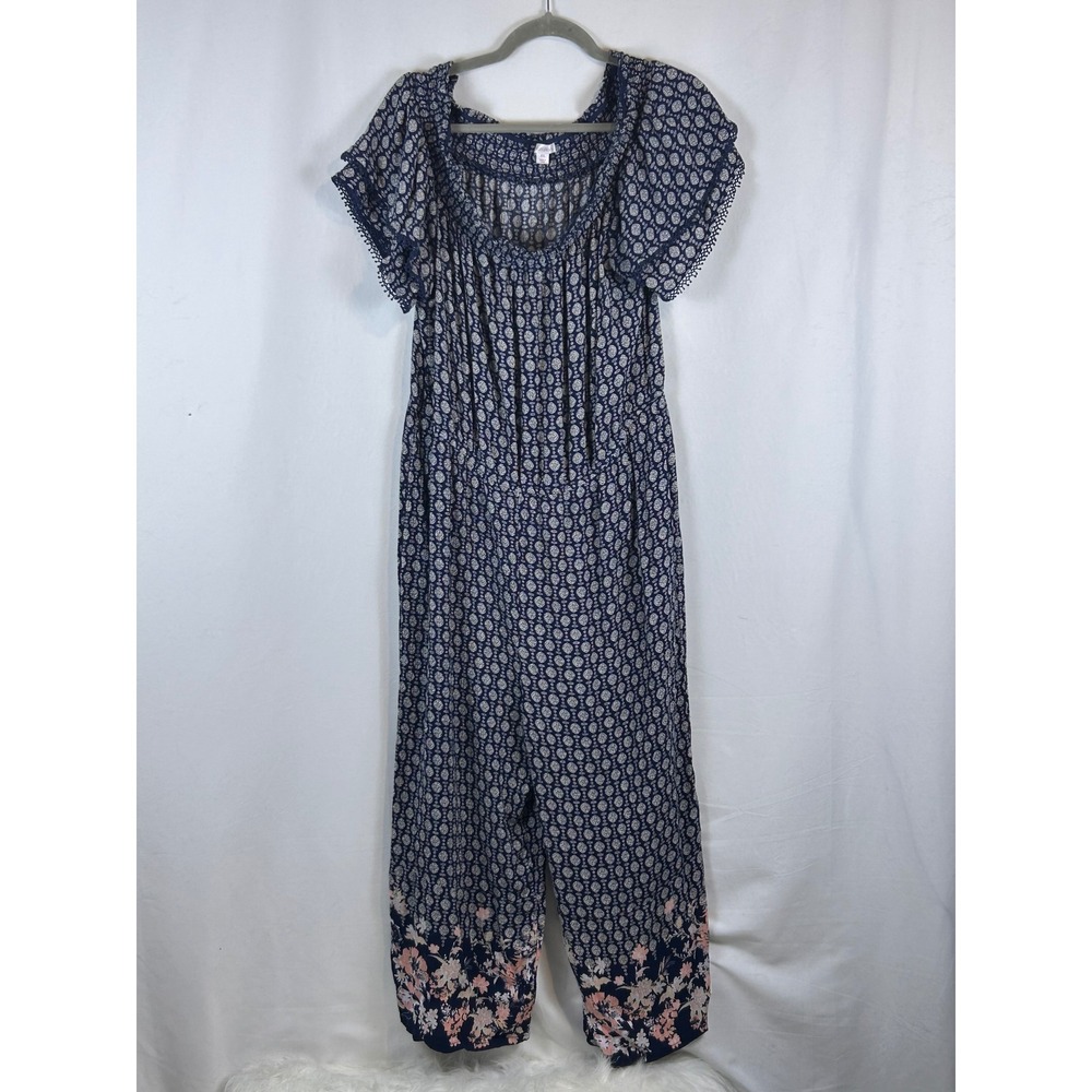 Xhilaration Jumpsuit Womens XXL Blue Excellent Floral Lace Trim Boho Wide Leg